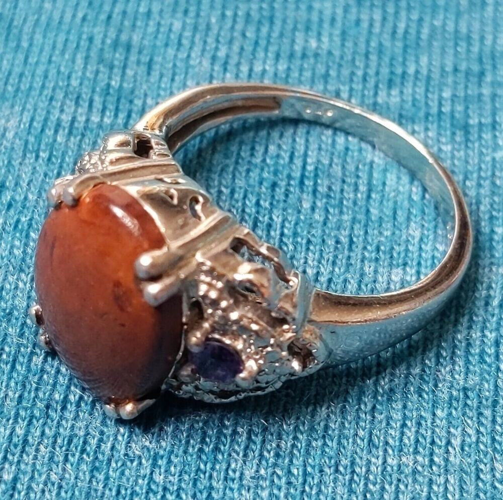 Vtg Sterling Signed STS Karis Natural Brown Gemstone with 2 Purple st Ring sz 7